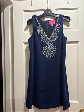 Lilly Pulitzer Navy Sleeveless V-Neck Mini Dress with Beaded Detail